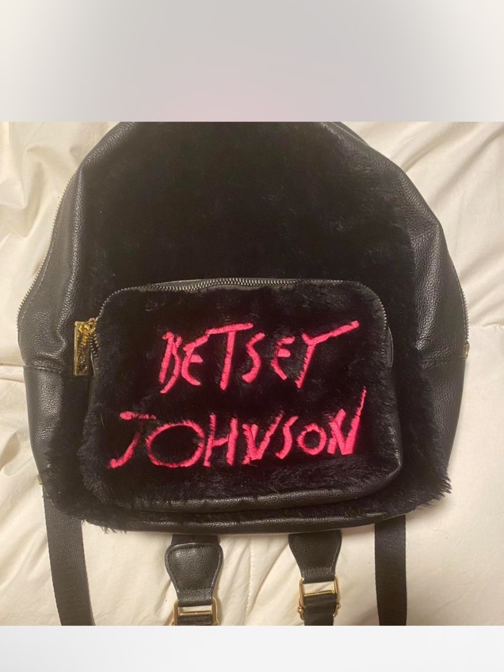 Betsey Johnson Black Faux Fur Backpack with Hot Pink Script Logo